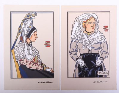 deux peintures d'une femme en robe blanche et d'une femme en robe noire