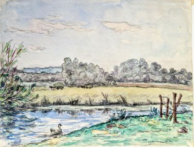 dessin représentant une rivière avec des canards et une clôture au premier plan