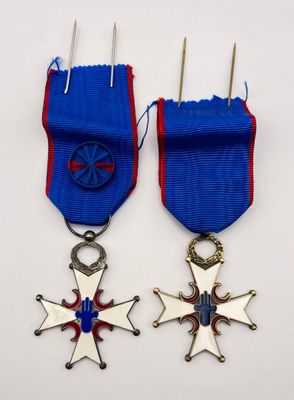 two medals and a pair of knitting needles on a white surface