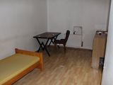a small room with a bed, desk and a chair
