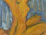 a painting of a woman sitting in a chair with her back to the camera