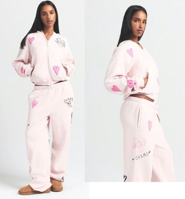 two photos of a woman wearing pink pajamas and brown shoes