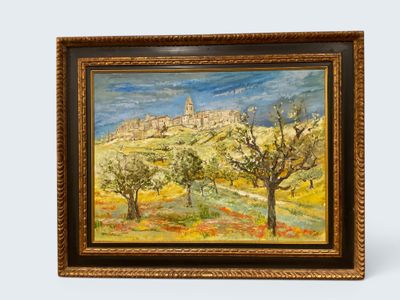 une peinture à l'huile représentant un paysage avec des arbres et un château au loin