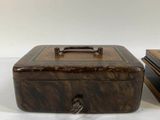 pair of wooden boxes with handles and handles on a white surface