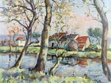 painting of a painting of a house by a body of water