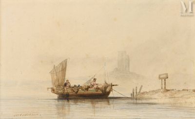 a painting of a boat on the water with people on it