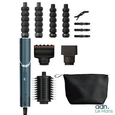 an image of a hair dryer, brush, comb, and other accessories