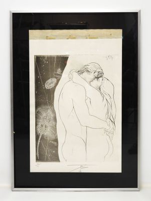 drawing of a man and a woman kissing in front of a window