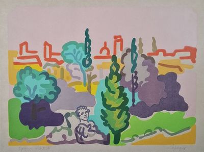une photo d'un tableau représentant un homme et un chien dans un parc