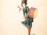 drawing of a woman in a green dress with a pink umbrella