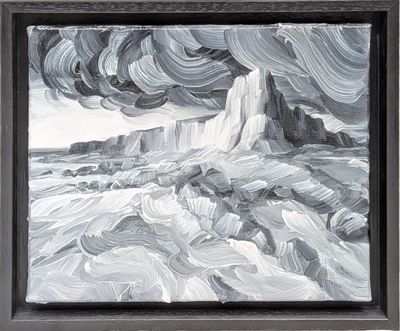 une peinture à l'huile représentant un paysage de montagne avec des nuages dans le ciel