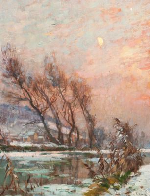 an oil painting of a snowy landscape with a river and trees