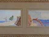 two paintings of boats on the water in a gold frame