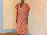une peinture à l'huile représentant une femme debout sur un tapis dans une pièce