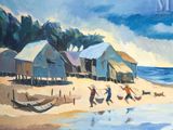 tableau représentant des personnes sur la plage, avec des bateaux et des maisons en arrière-plan