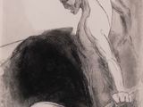 drawing of a man leaning over a bull in a black and white photo