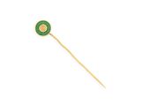 a close up of a stick with a green button on it