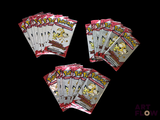 four packs of pokemon trading cards are shown on a black background