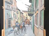 a painting of a horse pulling a carriage down the street