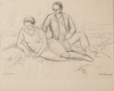 dessin au crayon représentant un homme et une femme assis sur une plage
