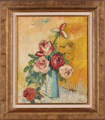 une image d'une peinture de fleurs dans un vase sur une table