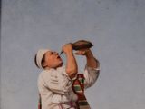 a painting of a man holding a baseball glove