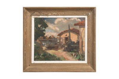 une peinture à l'huile représentant un train sur une voie ferrée près d'un bâtiment