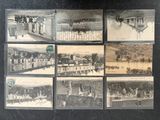 several old black and white photographs of people on a train