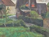 a painting of a village with a church in the background
