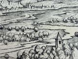 drawing of a view of a town with a church and a river