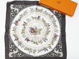 an image of a square scarf with a horse and carriage design on it