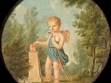 painting of a young boy with a bow and arrow in a wooded setting