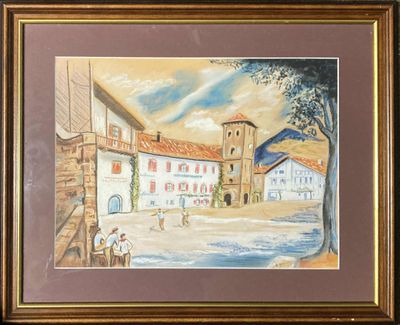 aquarelle encadrée représentant une scène de village avec une église et des personnages