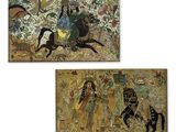 deux tableaux représentant un homme à cheval et une femme à cheval