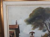 a picture of a painting of a church in the country