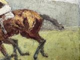 a painting of a jockey riding a horse in a field
