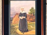 painting of a woman in a black dress standing in front of a house