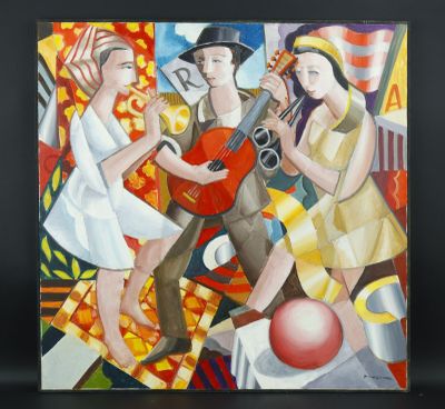 tableau représentant un groupe de personnes jouant d'instruments de musique dans une pièce