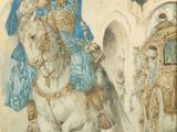 tableau représentant un homme à cheval devant un bâtiment