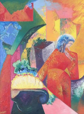 une peinture à l'huile représentant une femme assise sur une chaise, avec une plante en pot devant elle