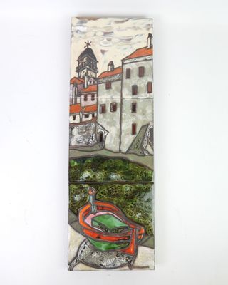 a picture of a painting of a boat on the water