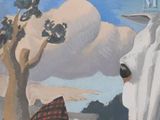 a painting of a man standing in front of a mountain