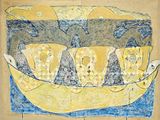 tableau représentant un bateau jaune avec quatre personnes à bord