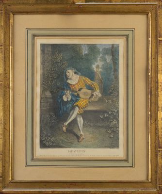 un tableau représentant un homme jouant du luth dans un parc