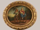 a picture of a painting of a man and a woman riding a horse