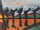 a painting of a group of horses standing on a fence
