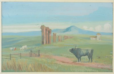 un tableau représentant une vache dans un champ, avec un château en arrière-plan