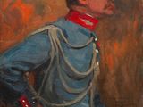 painting of a man in a blue uniform sitting on a red chair