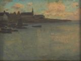 painting of a view of a harbor with a church in the distance