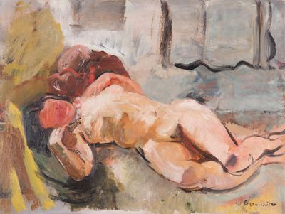 une peinture à l'huile représentant une femme nue allongée sur un canapé